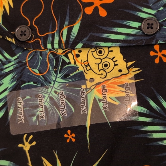NWT Nickelodeon SpongeBob Black/Yellow/Green Button Down Hawaiian Shirt, XL - Picture 7 of 8